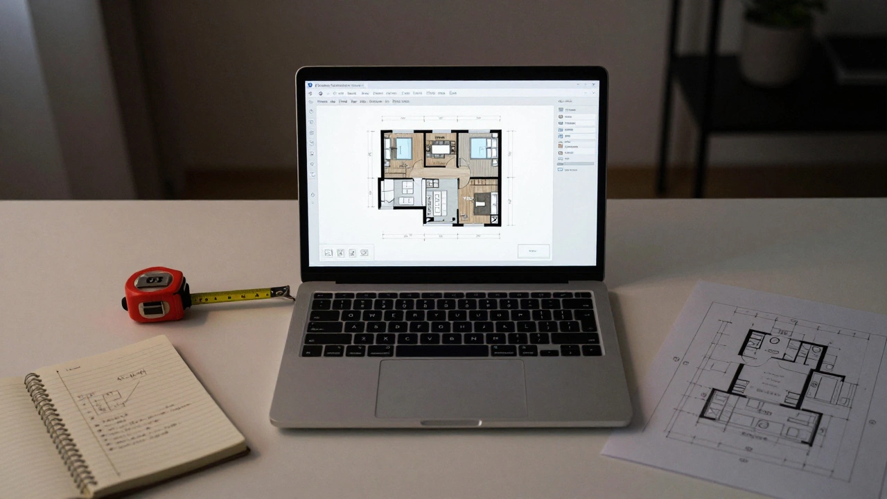 На столе — ноутбук с Sweet Home 3D, показывающий точный план квартиры с розетками и окнами, рядом измерительная лента.