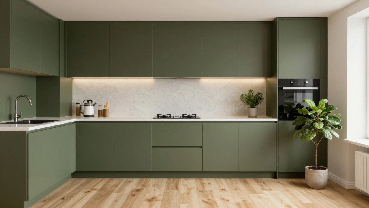Оливково-зеленые шкафы с белой столешницей и деревянным полом, создают уютную атмосферу природы.