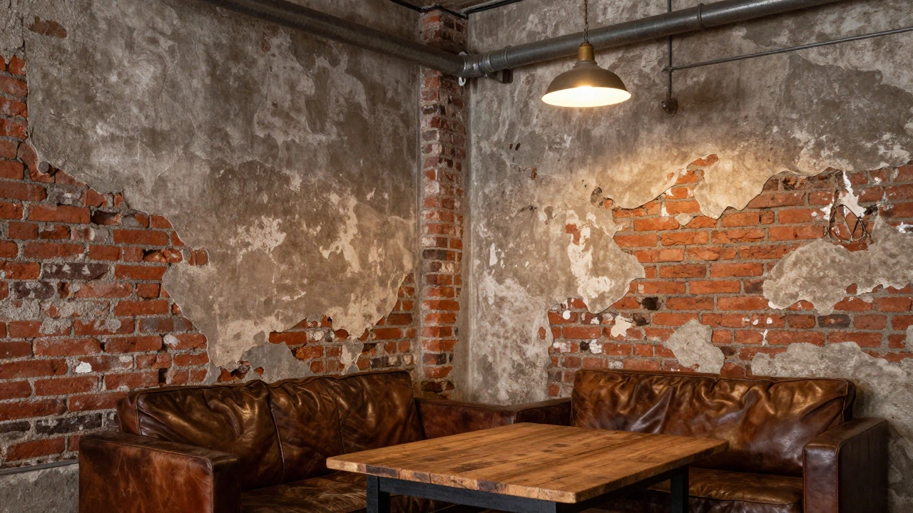 Промышленный интерьер с обнажённым кирпичом, металлическими трубами и тёплым освещением.