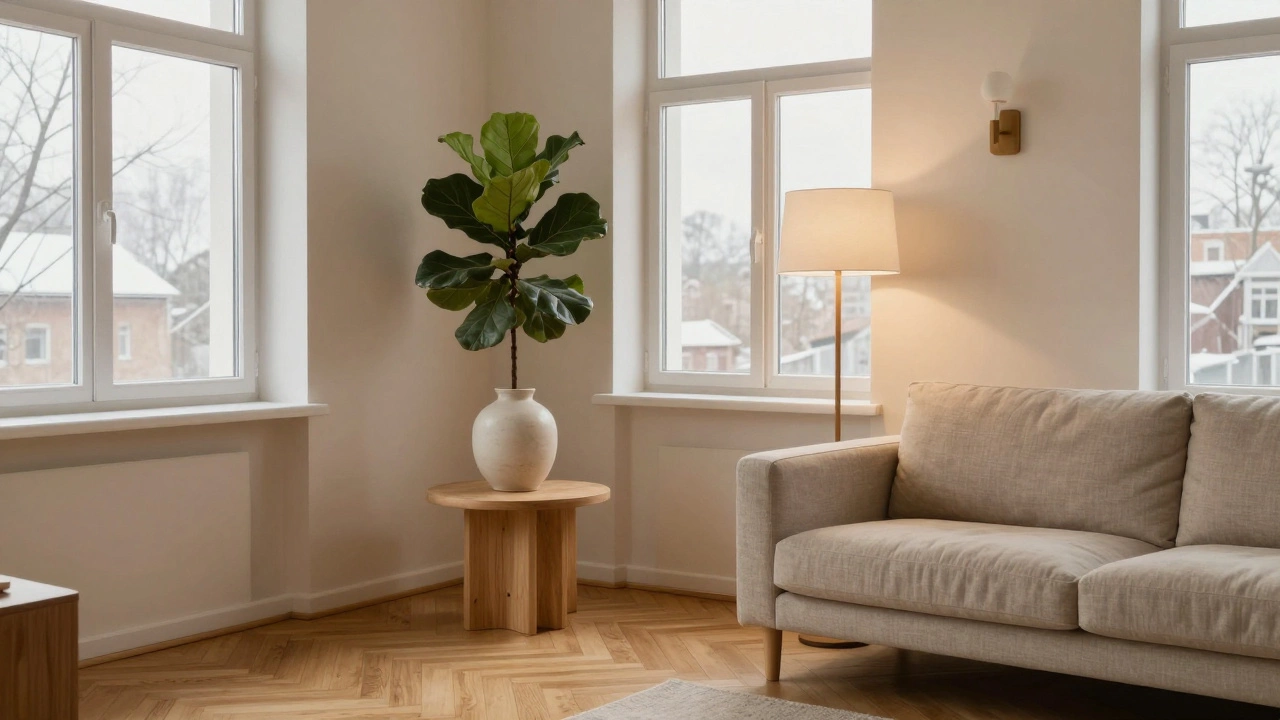 Скандинавский интерьер с деревянной мебелью, льняными тканями и мягким светом.