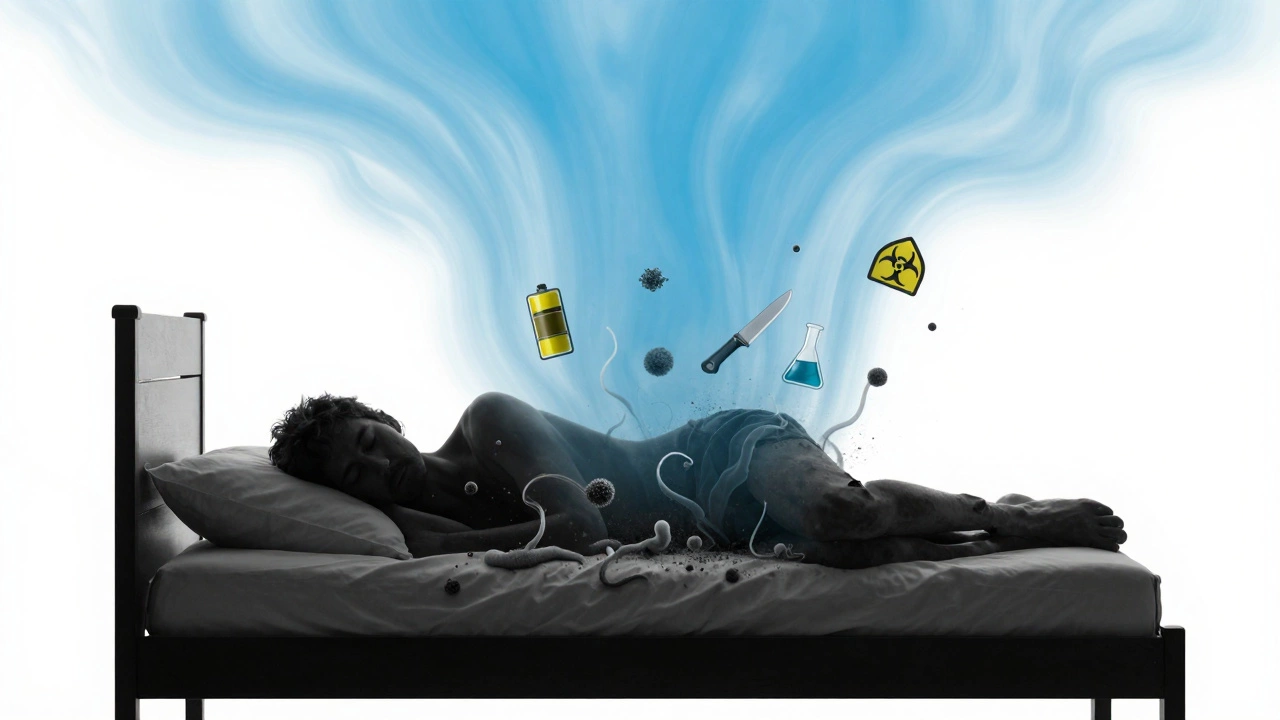 Сонный человек над кроватью, а из-под нее поднимаются опасные туманы, которые рассеиваются в чистом воздухе.
