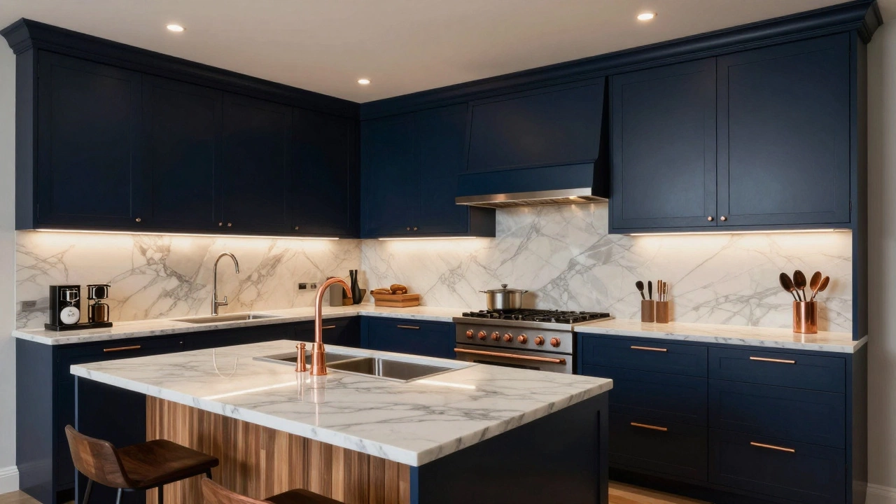 Темно-синие шкафы с светлым мрамором и медной фурнитурой, подсвеченные многоуровневым освещением.