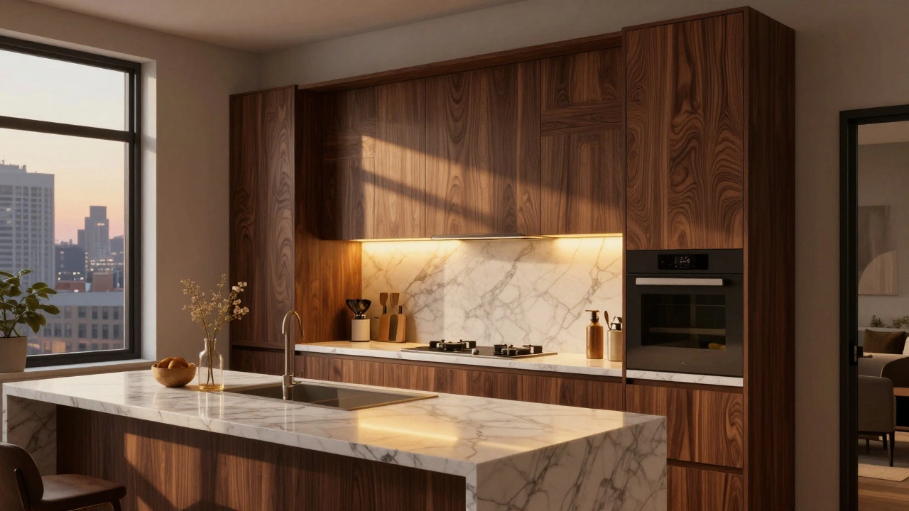 Темные деревянные фасады с резьбой и теплым светом в уютной кухне с мраморной столешницей.