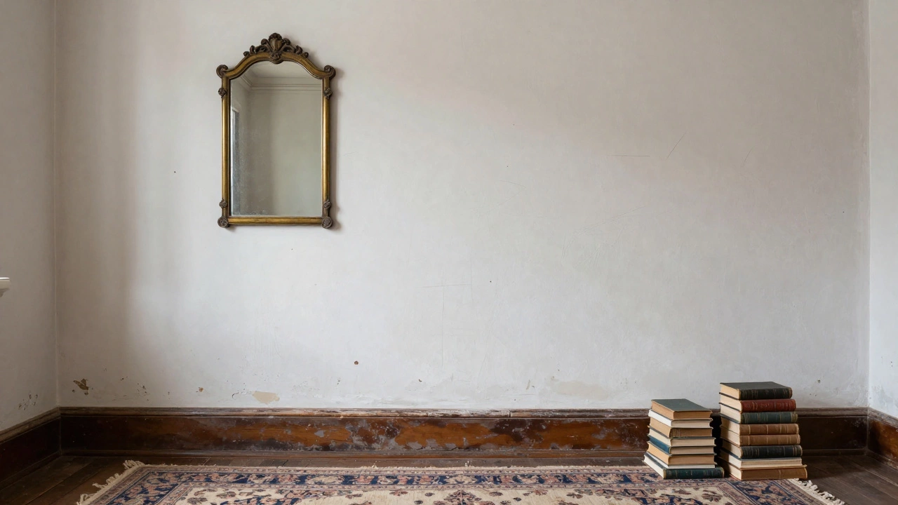 Винтажная комната с искусственно состаренными стенами, старыми книгами и патинированной мебелью.