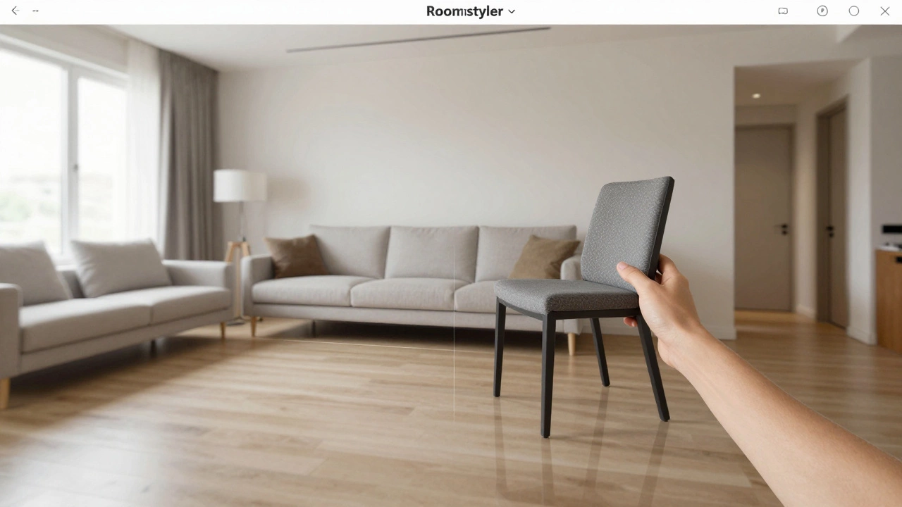 Виртуальная мебель из Roomstyler накладывается на реальное фото гостиной с реалистичными тенями и отражениями.