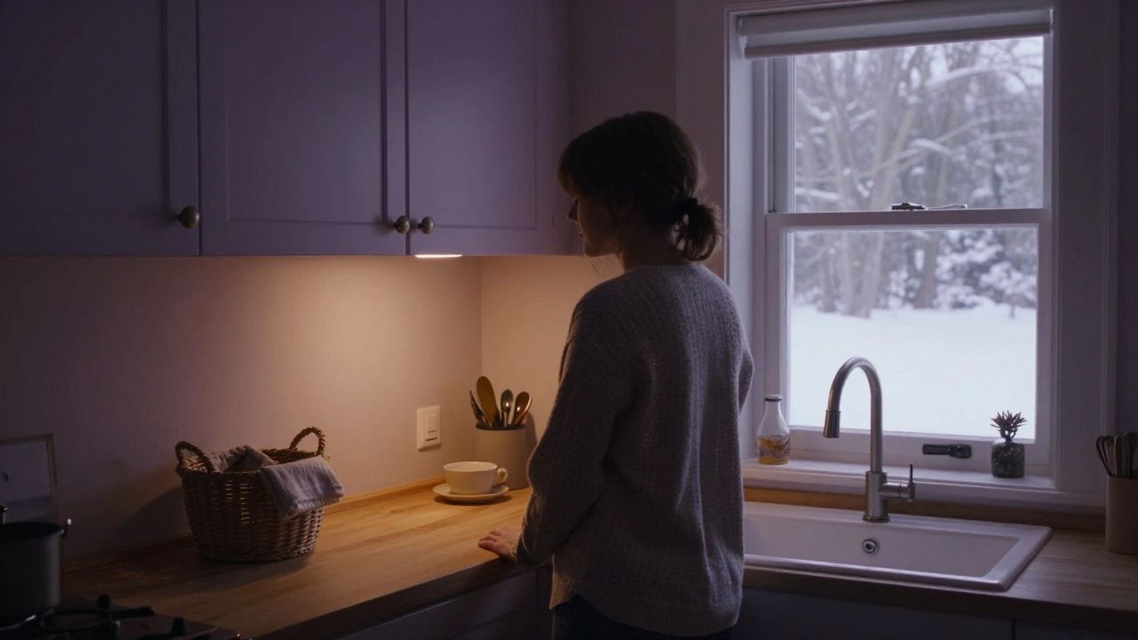Женщина у раковины в уютной кухне с лавандовым акцентом и мягким светом, за окном — зимний пейзаж.
