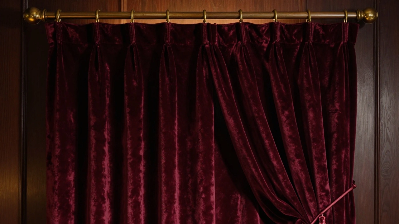 Бордовые бархатные шторы с латунными кольцами в тёмной гостиной, глубокая текстура и тишина.