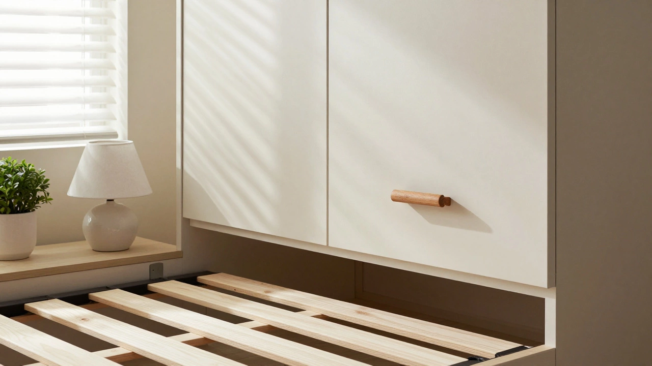 Детали качественной спальной мебели: деревянный ящик, фурнитура Hettich и ортопедическое основание кровати.