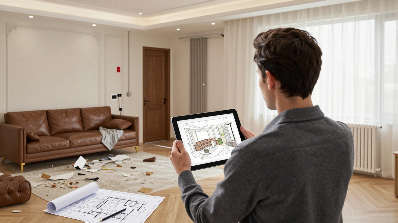 Дизайнер показывает идеальный рендер, пока за его спиной — хаос реальной комнаты.