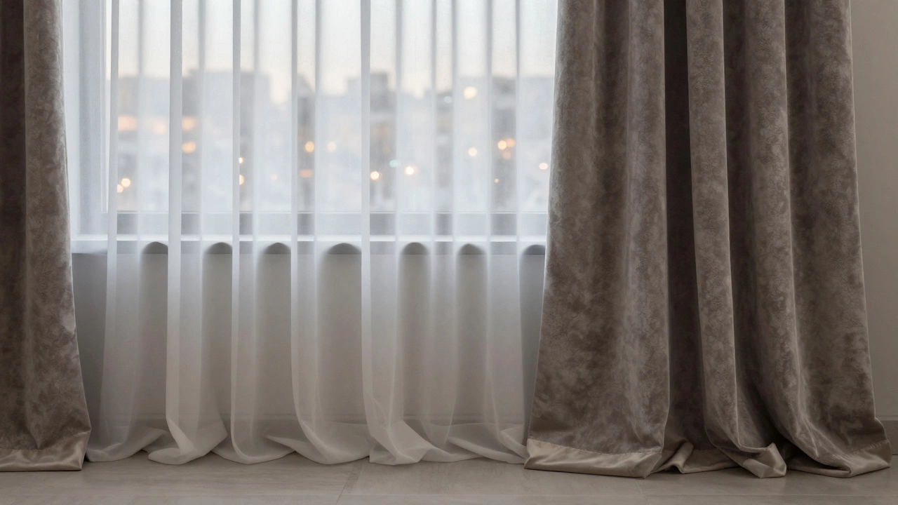 Двухслойные шторы — тюль и бархат — до пола, с видимой подкладкой и без пластиковой фурнитуры.