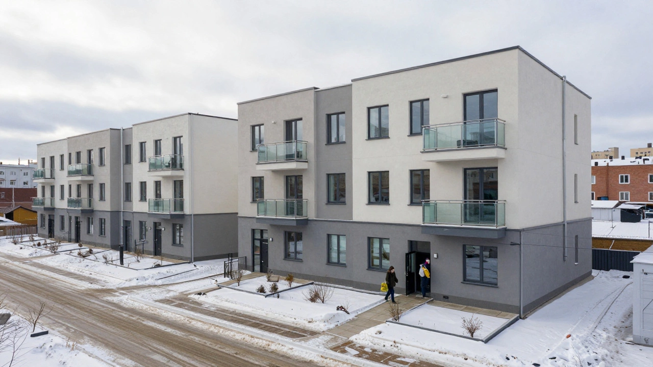 Группа современных таунхаусов в российском городе с небольшими двориками и снегом на дорожках.