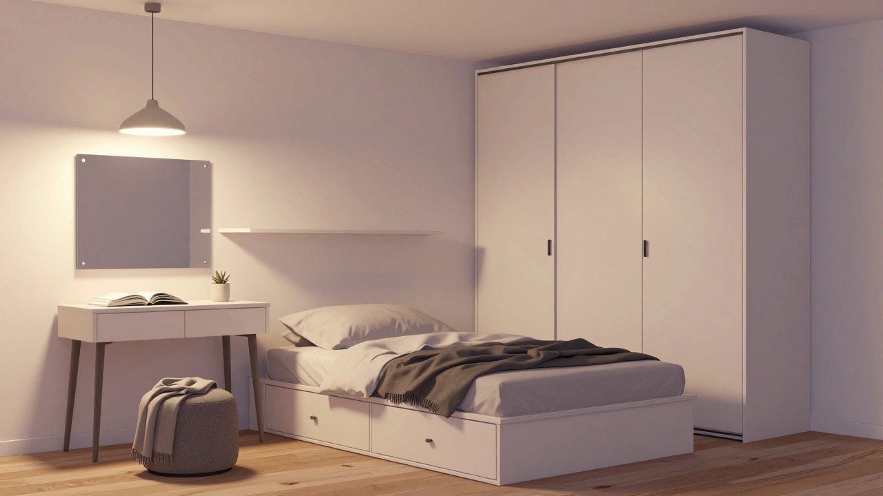 Компактная спальня с модульной мебелью, настенным зеркалом и полками вместо туалетного столика.