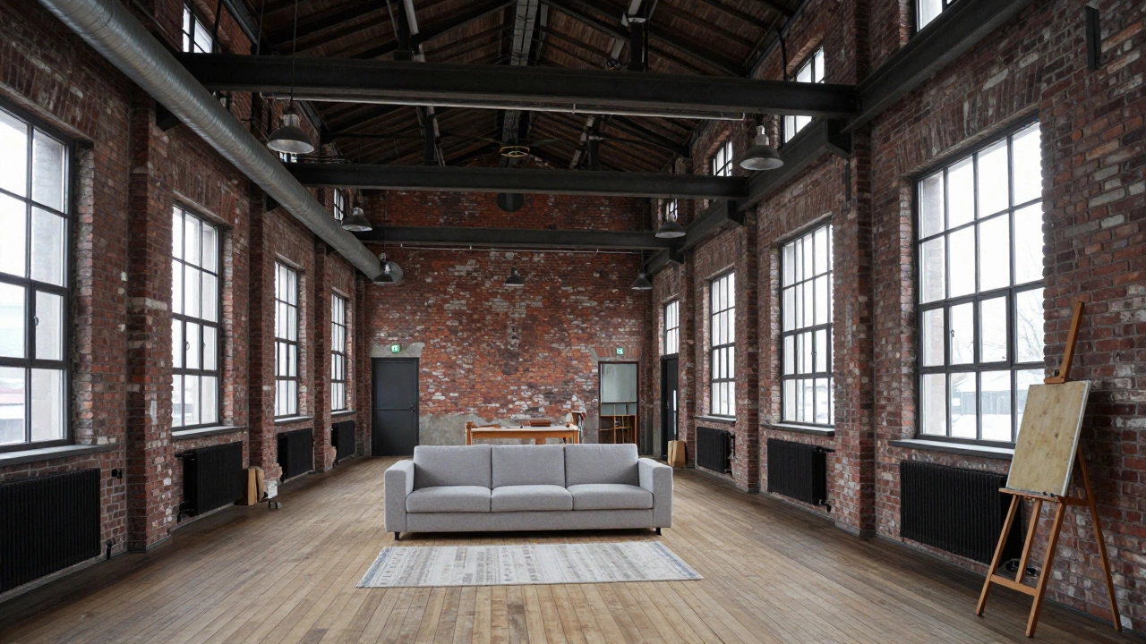 Лофт в бывшем промышленном здании с высокими потолками, кирпичными стенами и открытым планом.