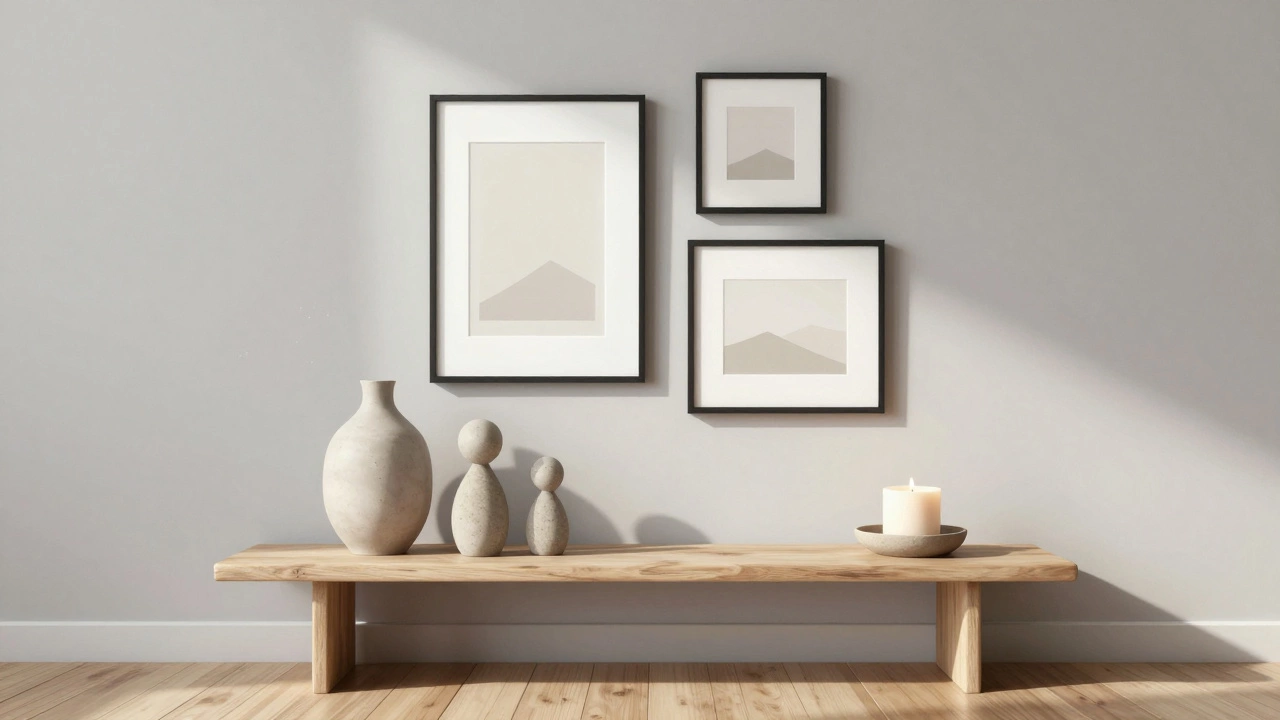 Минималистичная консоль с керамической вазой, каменными фигурками и свечой в стиле скандинавского интерьера, без лишних деталей.