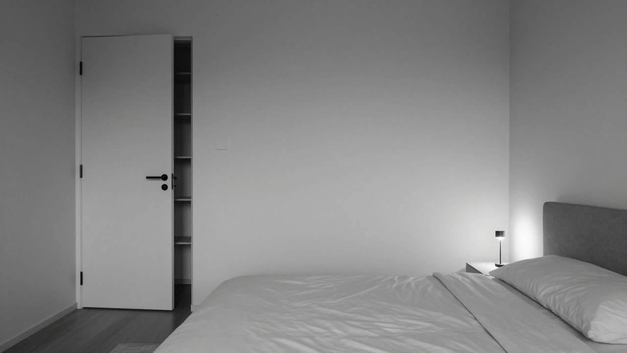 Минималистичная планировка спальни: кровать сдвинута под углом от двери, рядом — полка и лампа, создающие барьер.