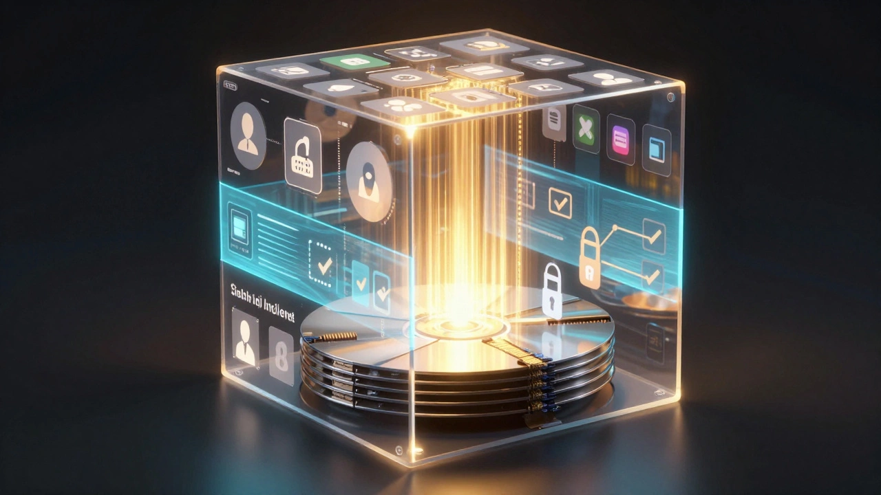 Прозрачный куб с тремя слоями: интерфейсы, правила и физическое хранение, излучающие золотой свет.