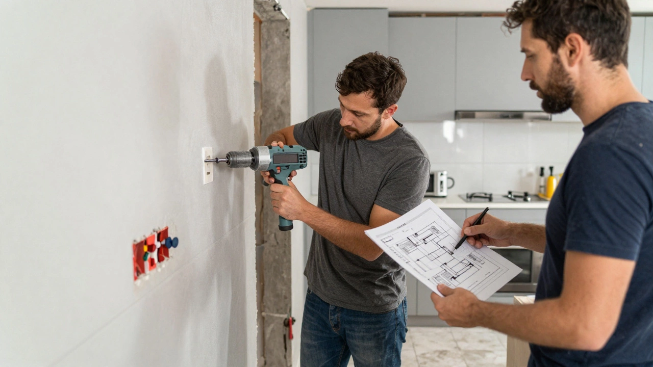 Рабочие строят кухню, дизайнер показывает им чертёж с точными размерами и разводкой электрики.