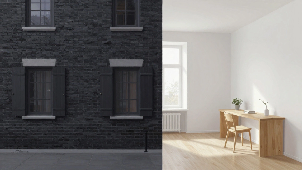 Разделённое изображение: мрачный фасад слева и светлый интерьер справа.