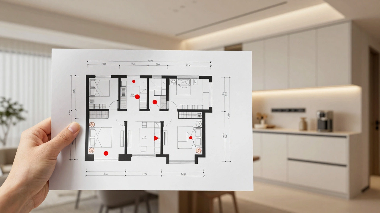 Рука держит архитектурный план с пометками и 3D-визуализацию интерьера рядом.