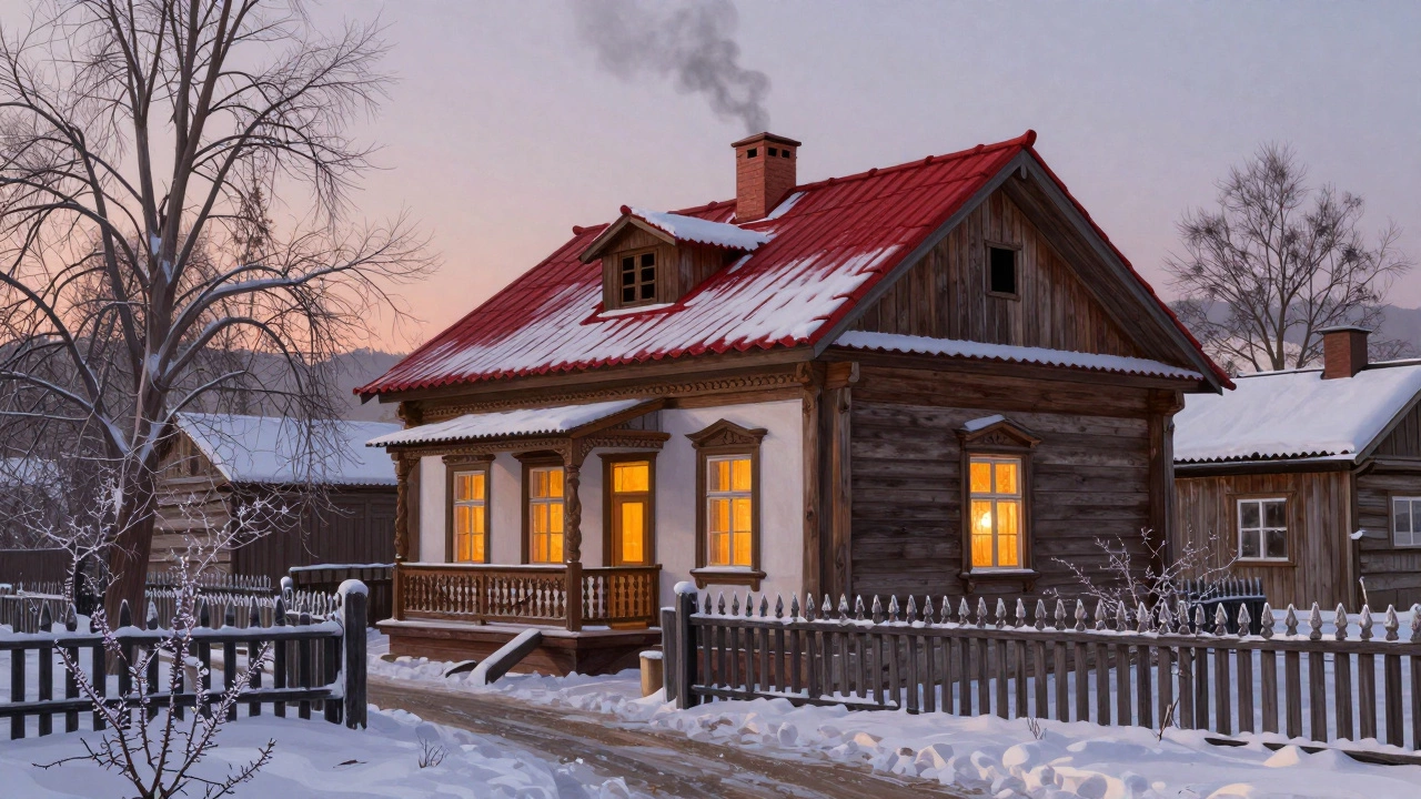 Русская деревянная усадьба с красной черепицей и дымом из трубы в снежном саду.