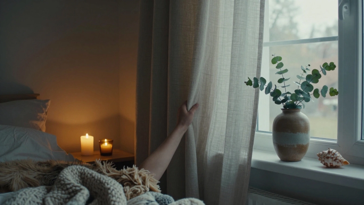 Смена сезонов: зимние одеяла и свечи слева, летние занавески и ветки эвкалипта справа.