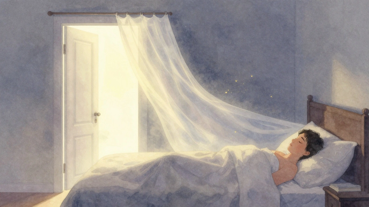 Спящий человек в комнате, между кроватью и дверью — полупрозрачная ткань, в воздухе едва заметные светящиеся частицы.