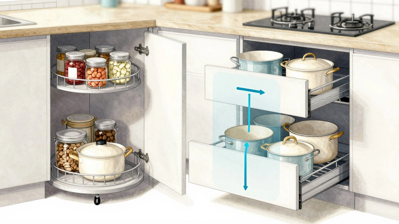 Сравнение углового поворотного шкафа и выдвижной телескопической полки.