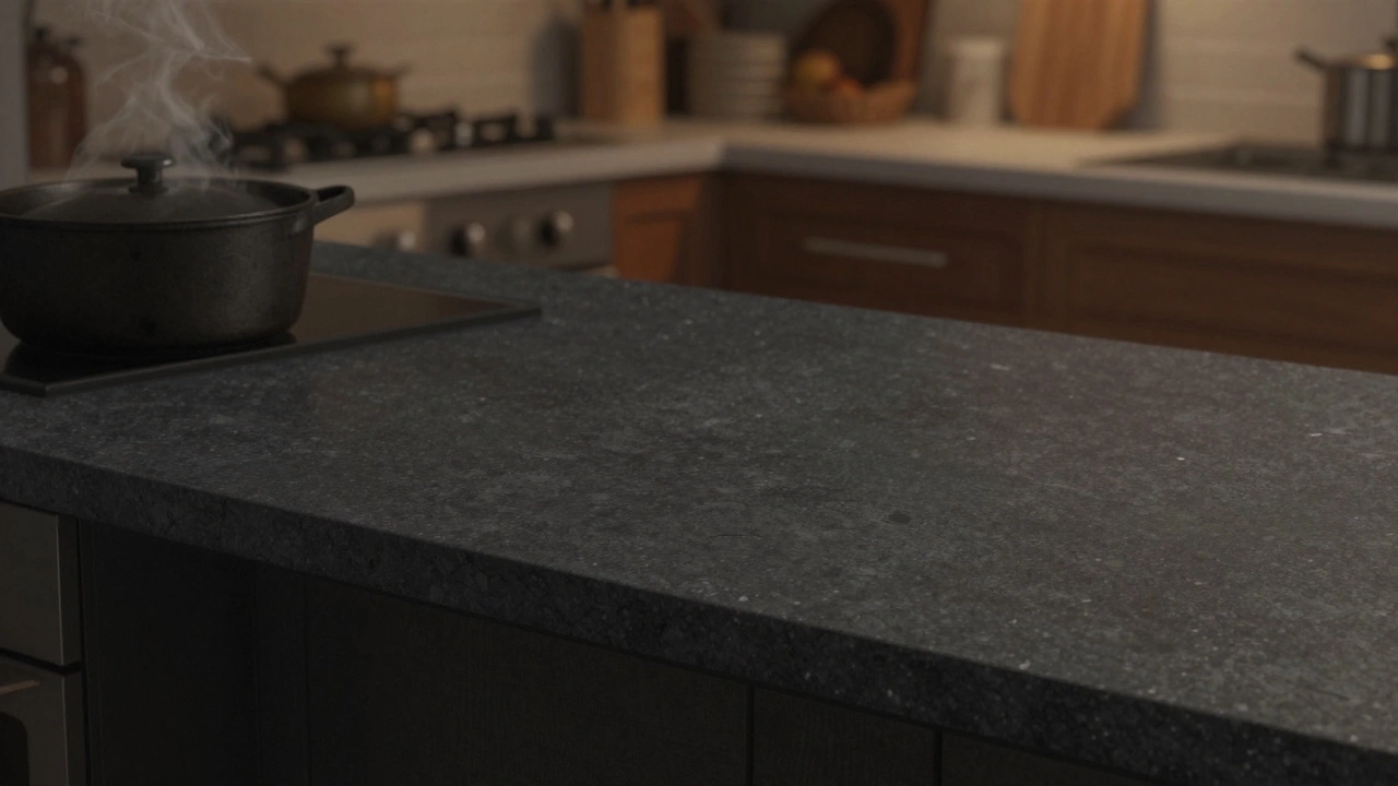 Темно-серая столешница с текстурой камня и котелком на фоне уютной кухни.