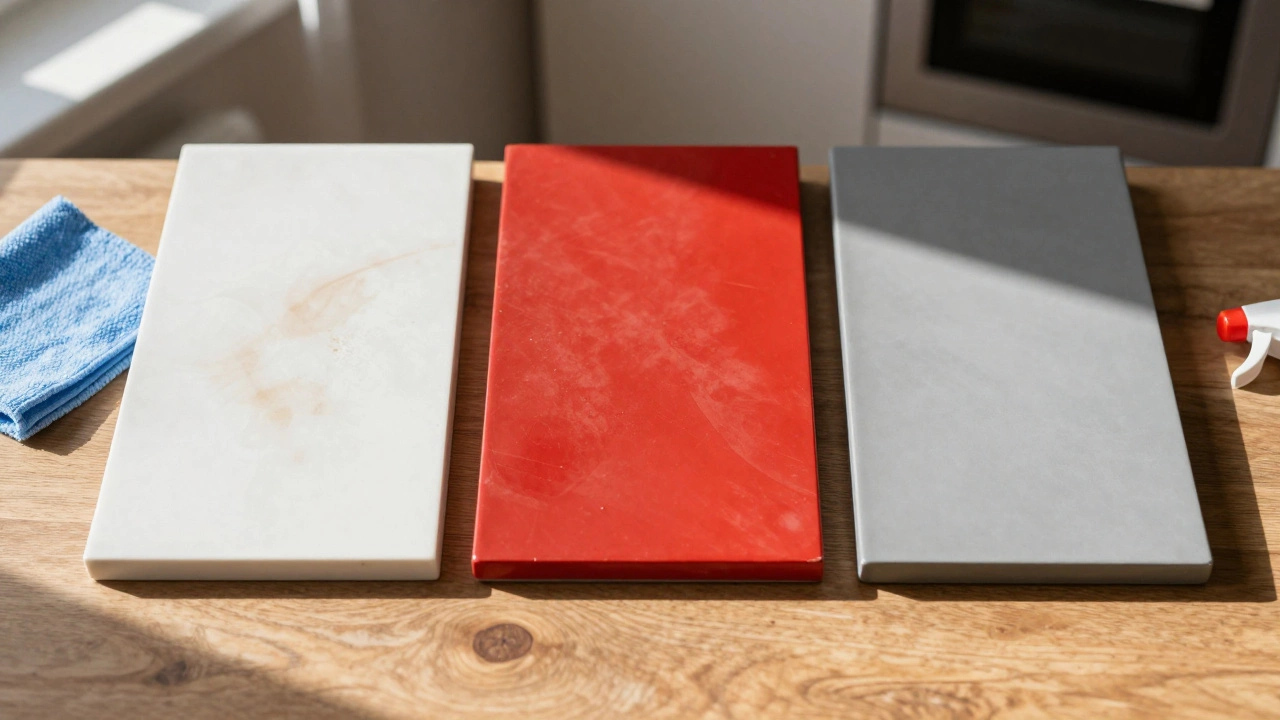 Три образца столешниц: белая, красная и серая — сравнение практичности под естественным светом.