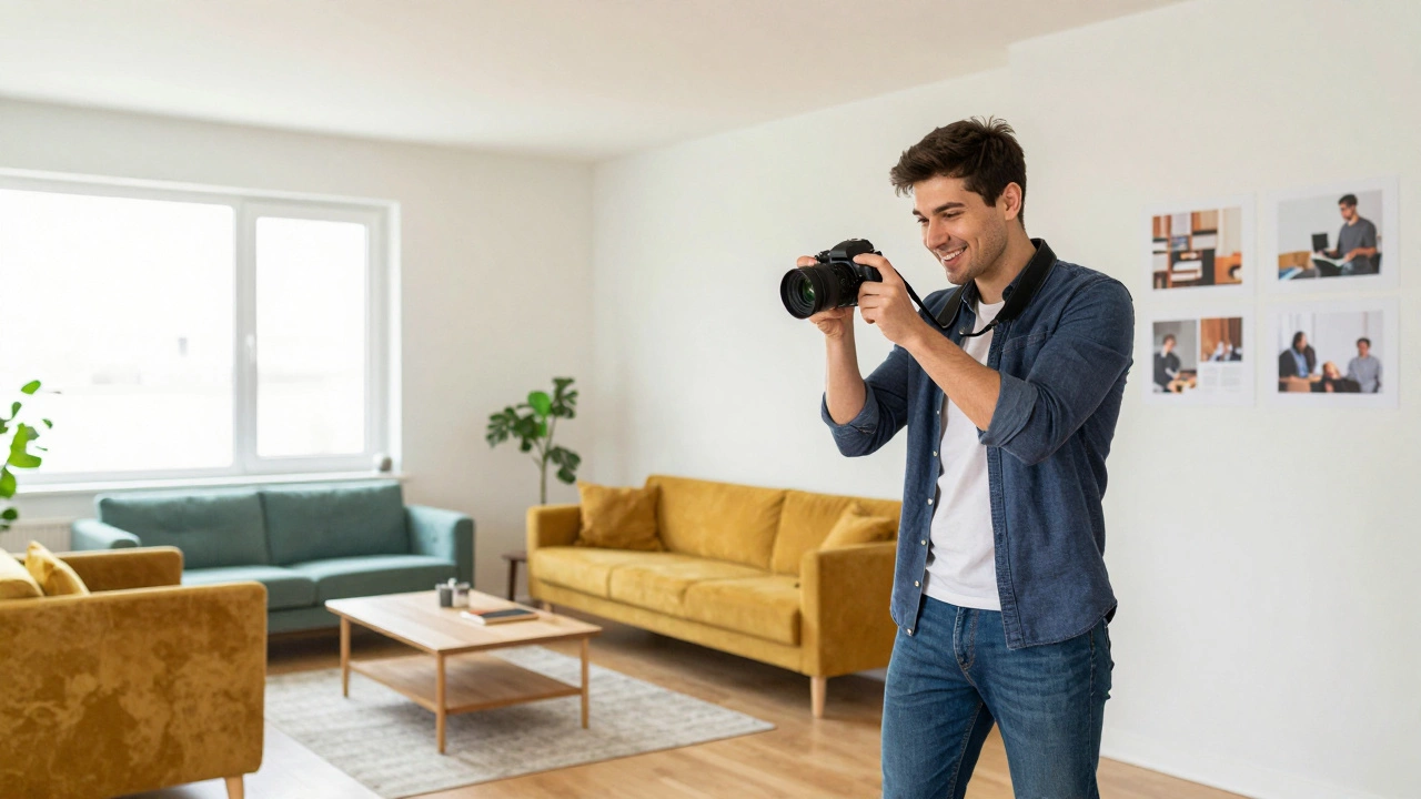 Дизайнер фотографирует преобразованную комнату для портфолио