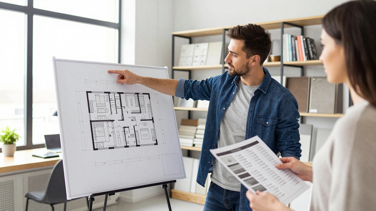 Дизайнер объясняет клиенту электрические и сантехнические схемы для квартиры 85 м² в студии в Казани.