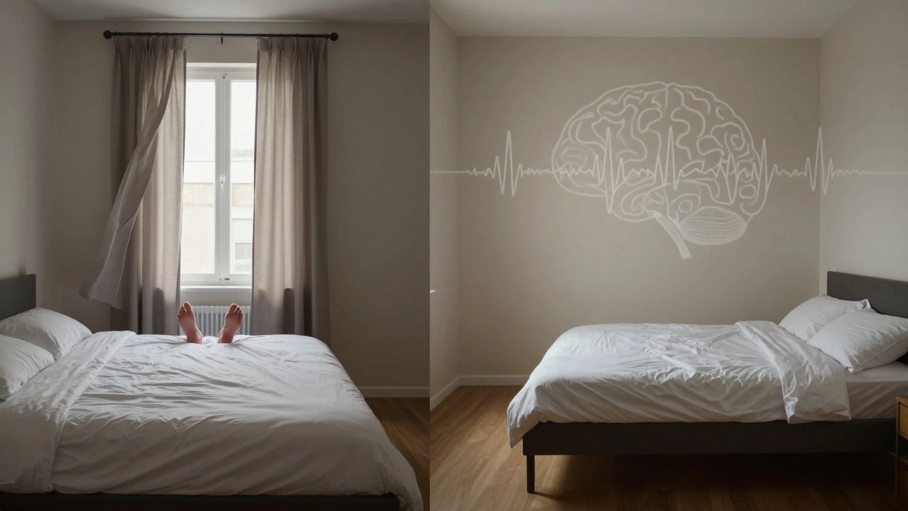 Два варианта расположения кровати: один — ногами к двери, другой — перпендикулярно, с визуальным сравнением атмосферы покоя и напряжения.