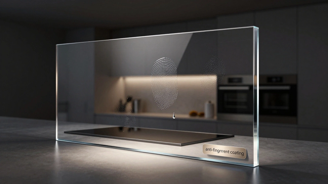 Глянцевый акриловый фасад с отпечатками пальцев и каплей воды под ярким светом.