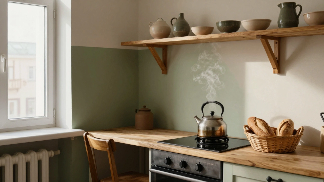 Маленькая кухня с кремовыми стенами и акцентной оливковой стеной, освещённая утренним светом из северного окна.