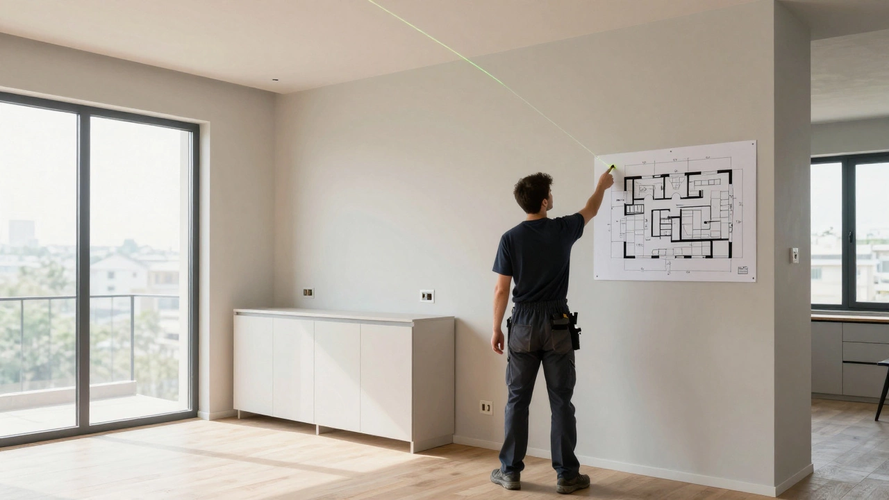 Мастер проверяет место для скрытой розетки за шкафом по техническому плану