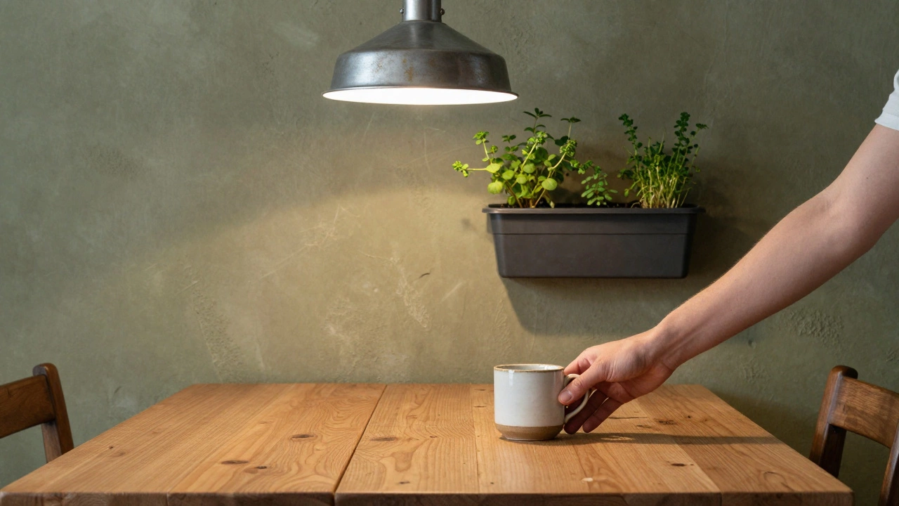 Рука ставит кружку на столе из переработанного дерева, рядом — вертикальный сад и тёплый свет лампы.