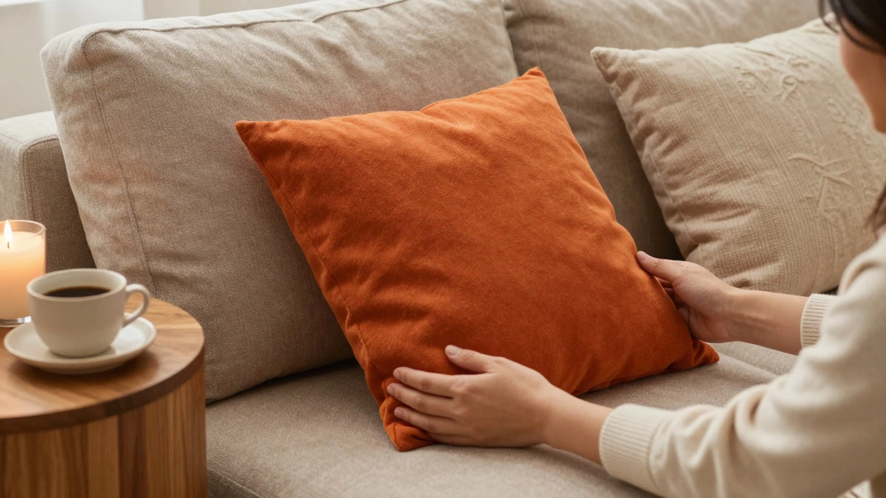 Руки кладут оранжевую подушку на диван рядом с свечой и кружкой кофе, остальные подушки убраны.