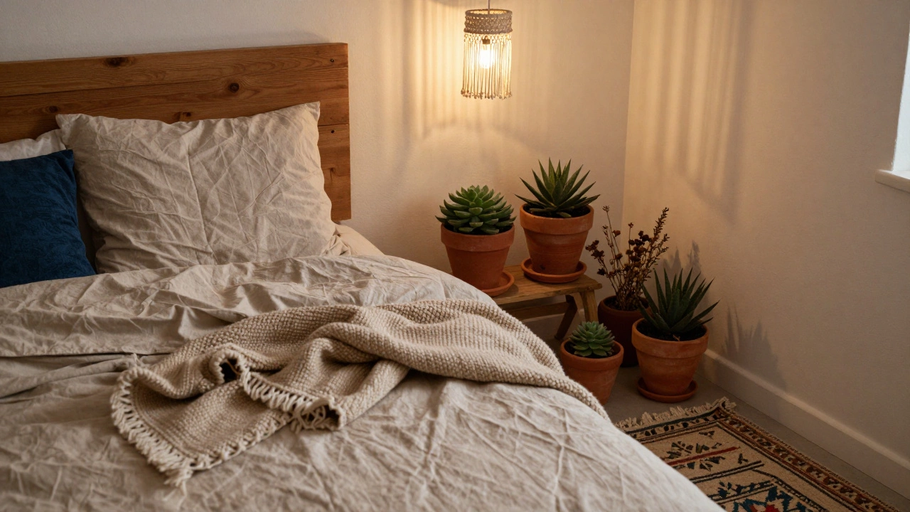 Спальня в стиле бохо с деревянной кроватью, льняным постельным бельём и керамическими горшками с сухоцветами.