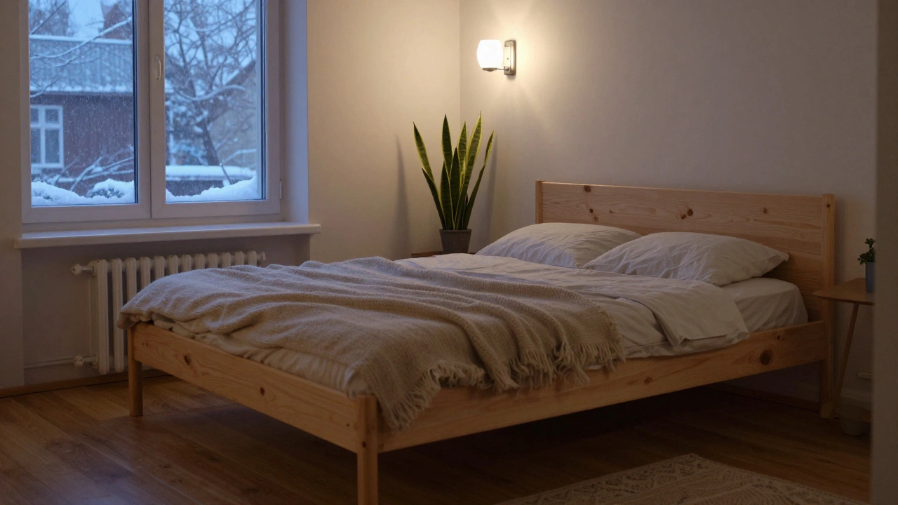 Спальня в сумерках: деревянная кровать, шерстяные одеяла, растение в углу и тёплый свет настенного бра.