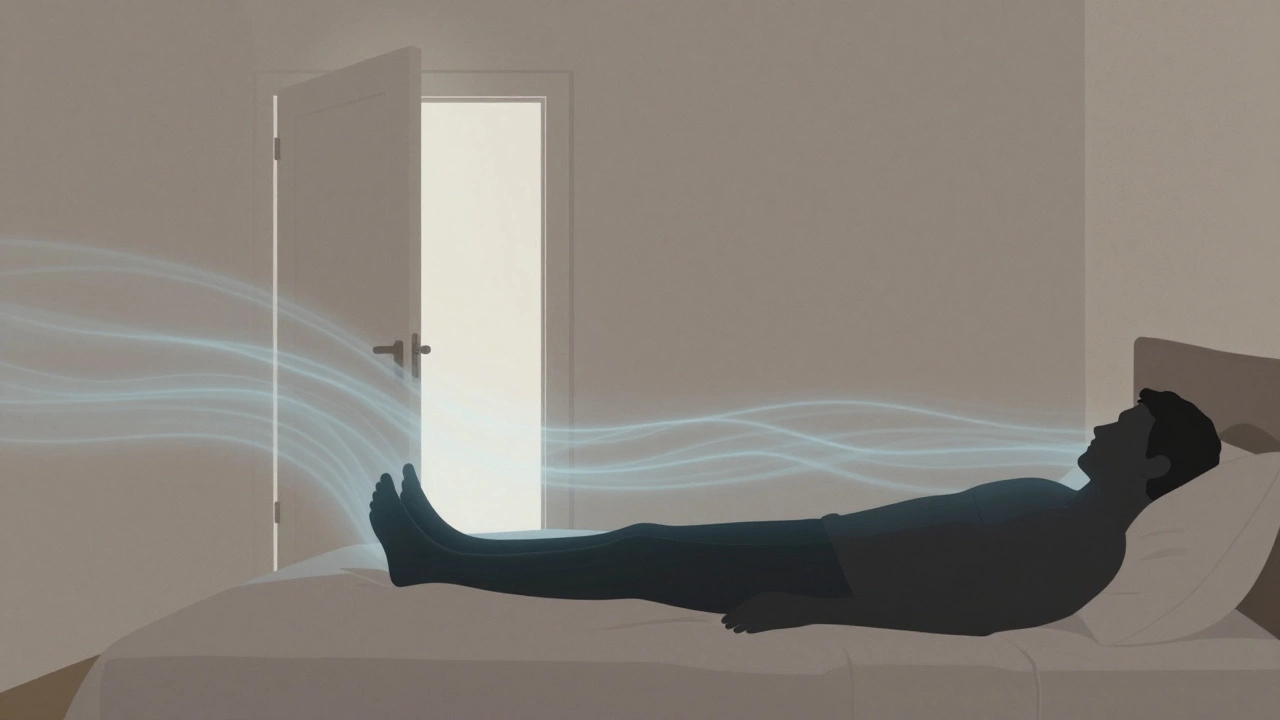 Спящий человек лежит ногами к двери, а тонкий поток воздуха поднимает край одеяла, символизируя сквозняк и напряжение тела.