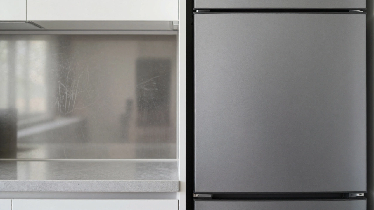 Сравнение глянцевой и матовой поверхности кухни: одна грязная, другая нейтральная.