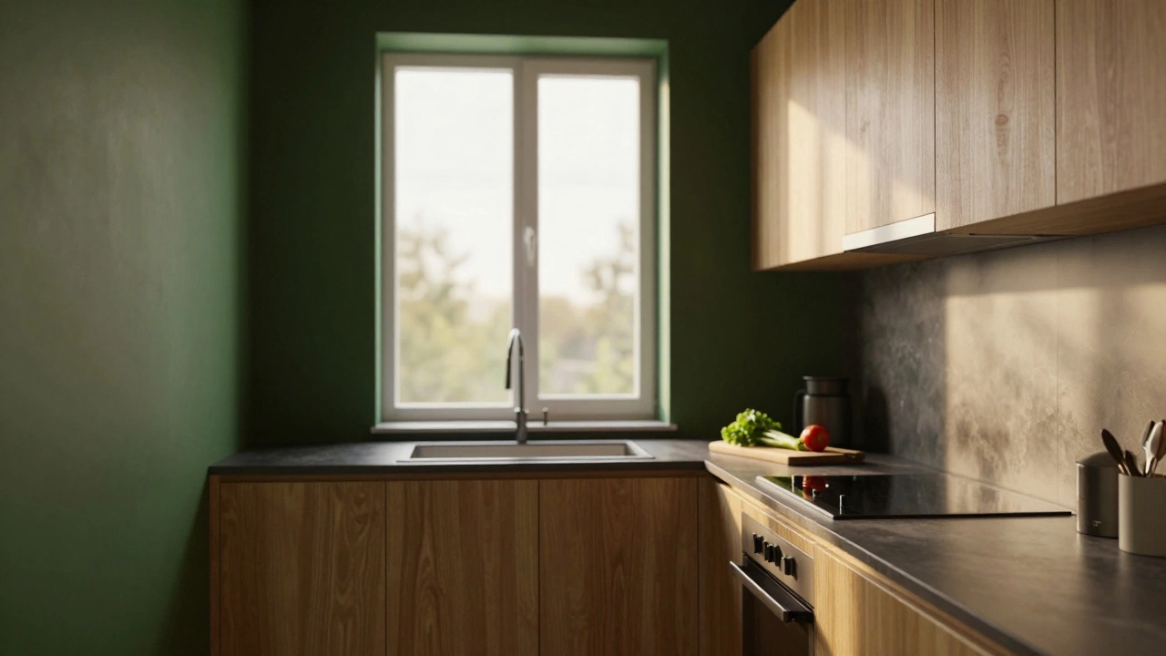 Тёмно-зелёная кухня с светлой мебелью и большим окном на юг, наполненная золотистым светом.