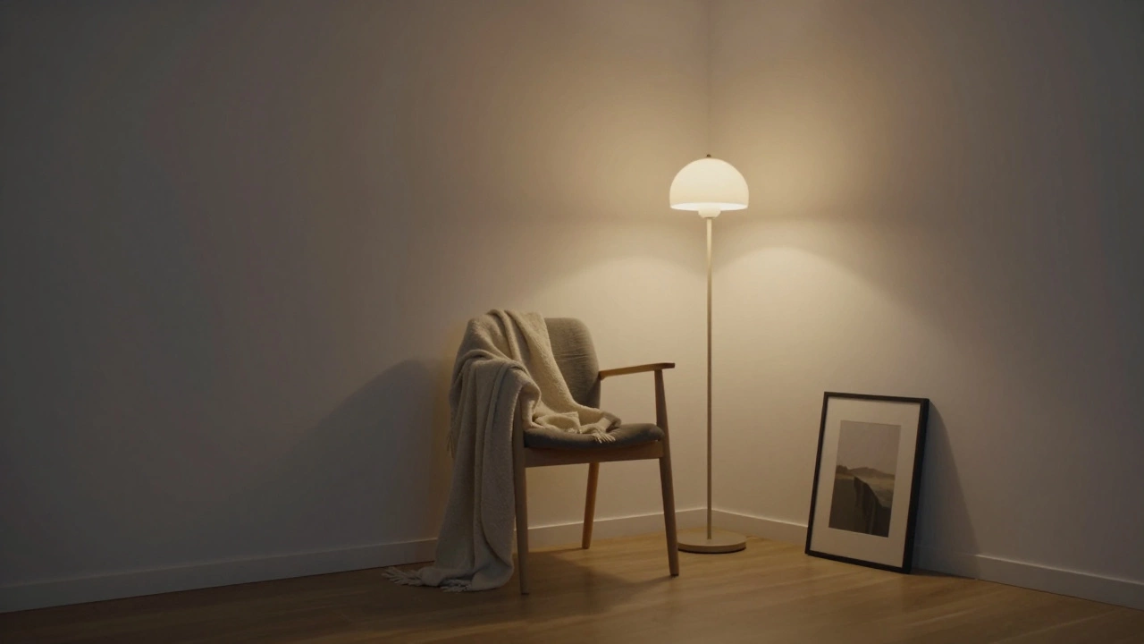 Тёплый угол комнаты с лампой, пледом и фотографией на стене — уютное, неидеальное пространство.