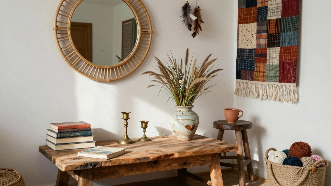 Уголок в стиле бохо с деревянным столом из бочки, керамической вазой, свечами и гирляндой из перьев.