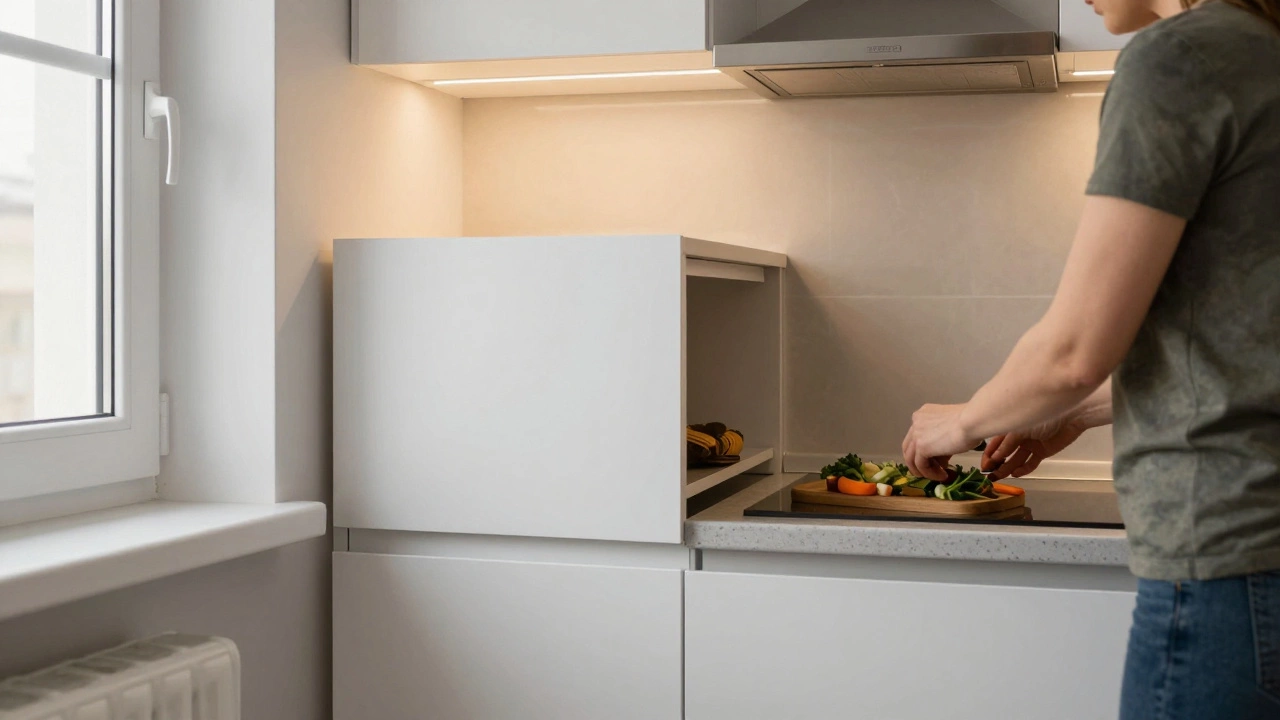 Женщина готовит на высокой столешнице с бесручечными шкафами и встроенными светодиодными лампами в компактной кухне.