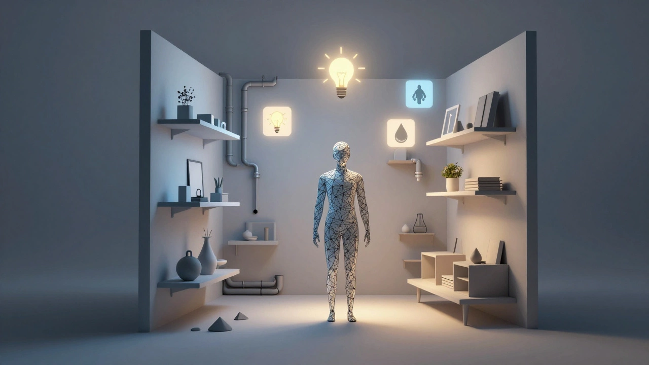 Абстрактная фигура дизайнера, объединяющая элементы жилого пространства: мебель, свет, трубы и эргономику в виде светящихся форм.