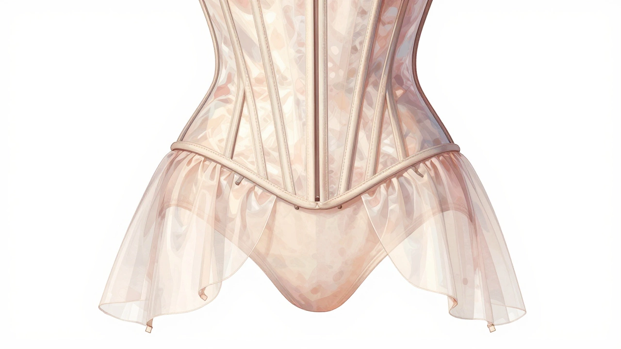 Боковой вид корсетного платья с косточками, подкладкой и фиксаторами внутри подола.