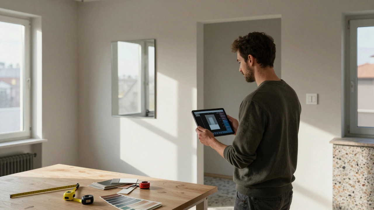 Дизайнер анализирует естественное освещение в квартире с помощью симуляции на планшете.