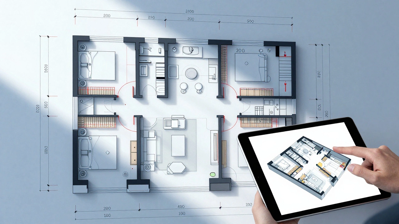 Дизайнер показывает переработанный план квартиры с изменёнными зонами освещения и перегородок.