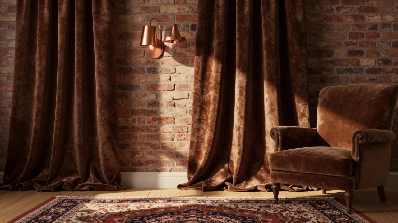 Гостиная с шоколадными бархатными шторами у кирпичной стены, медные бра и винтажное кресло в тёплом свете заката.